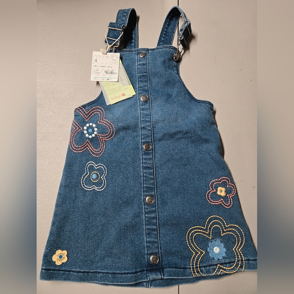 NWT‎ Girl's Boboli Flower Denim Overall Cottagecore Dress, Size 4